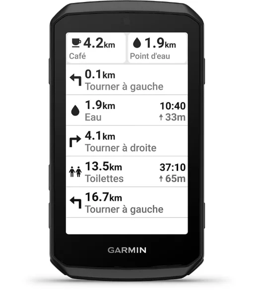 Up Ahead : Café, point d'eau, toilettes et prochaines directions défilent dans l'ordre du parcours.