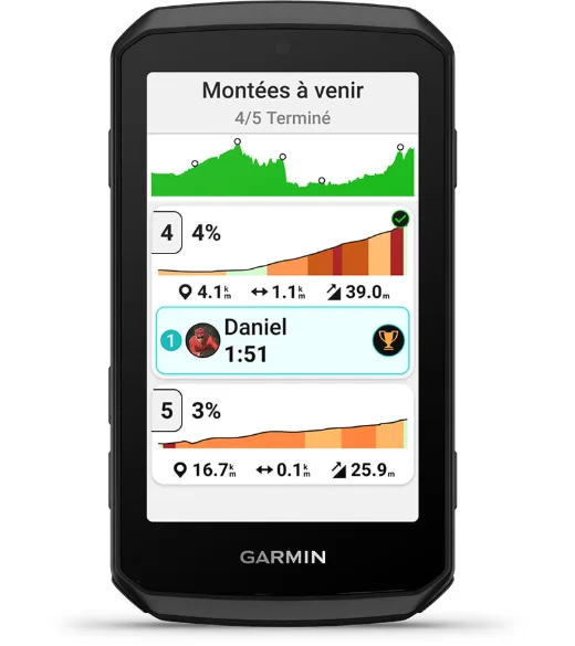 ClimbPro : Les montées à venir, leur pente et le classement du groupe, comme sur l'Edge 1050.