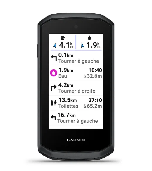 Points à venir : Point d'eau, toilettes et prochains virages, avec la distance restante.
