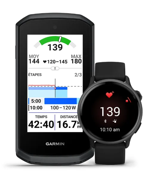Cardio de la montre : Le compteur affiche la fréquence cardiaque d'une montre Garmin appairée.