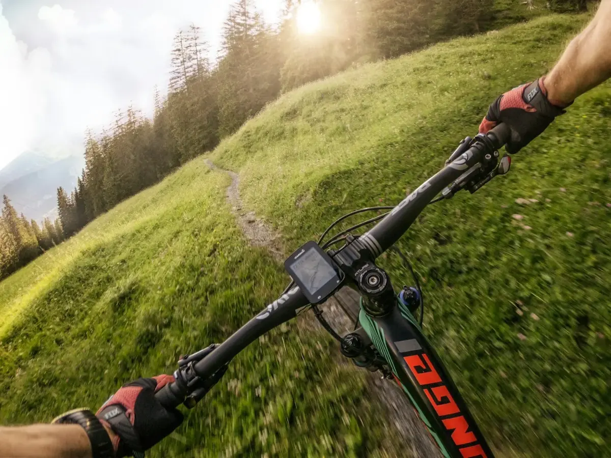 Vue du cintre d'un VTT avec un compteur GPS sur un single en alpage